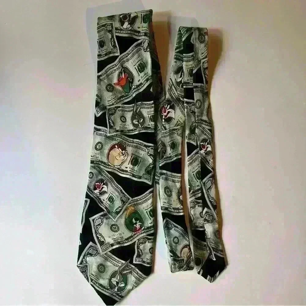 1996 Looney Tunes Mania $100 Bills Looney Tunes Characters Silk Tie Necktie - Picture 2 of 6